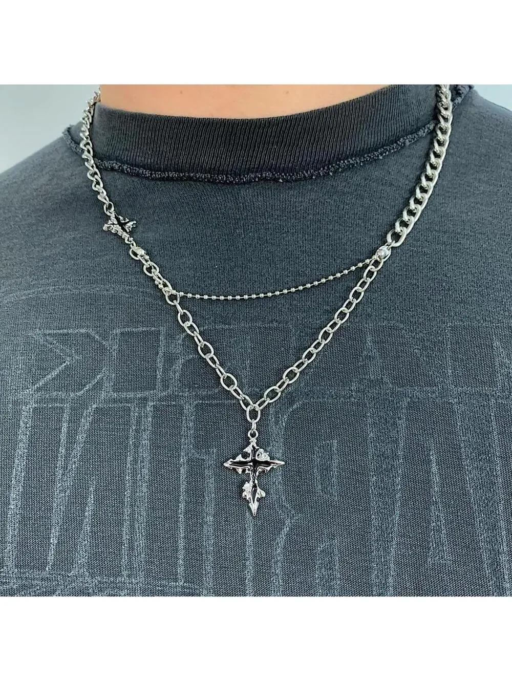 Cyber Y2k 2000s punk grunge crystal cross pendant necklace chain. 21.5 inches